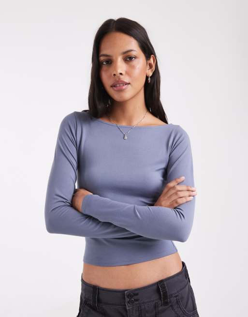 Hollister long sleeve seamless scoop neck top in powder blue, 1 of 4