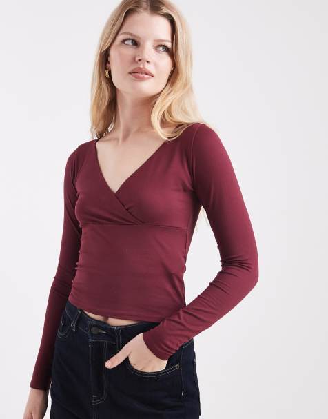 Hollister long sleeve seamless wrap top in burgundy - view 1
