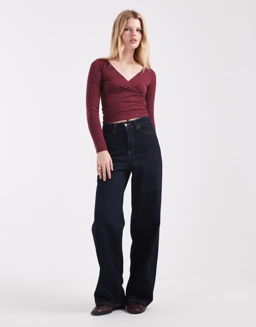 Hollister long sleeve seamless wrap top in burgundy, 2 of 4