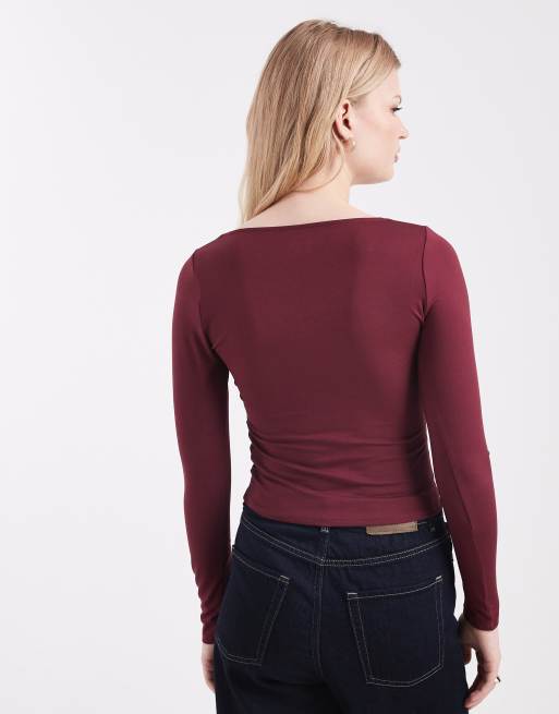 Hollister long sleeve seamless wrap top in burgundy, 4 of 4