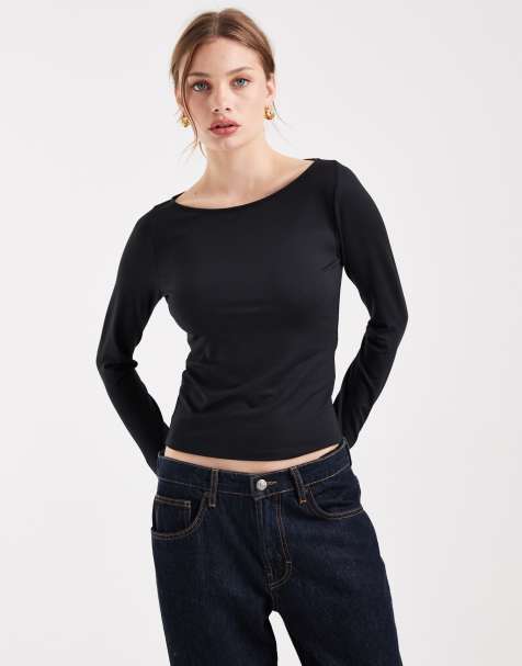 Hollister long sleeve slash neck seamless top in black