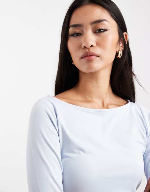 Hollister long sleeve slash neck seamless top in blue, 3 of 4