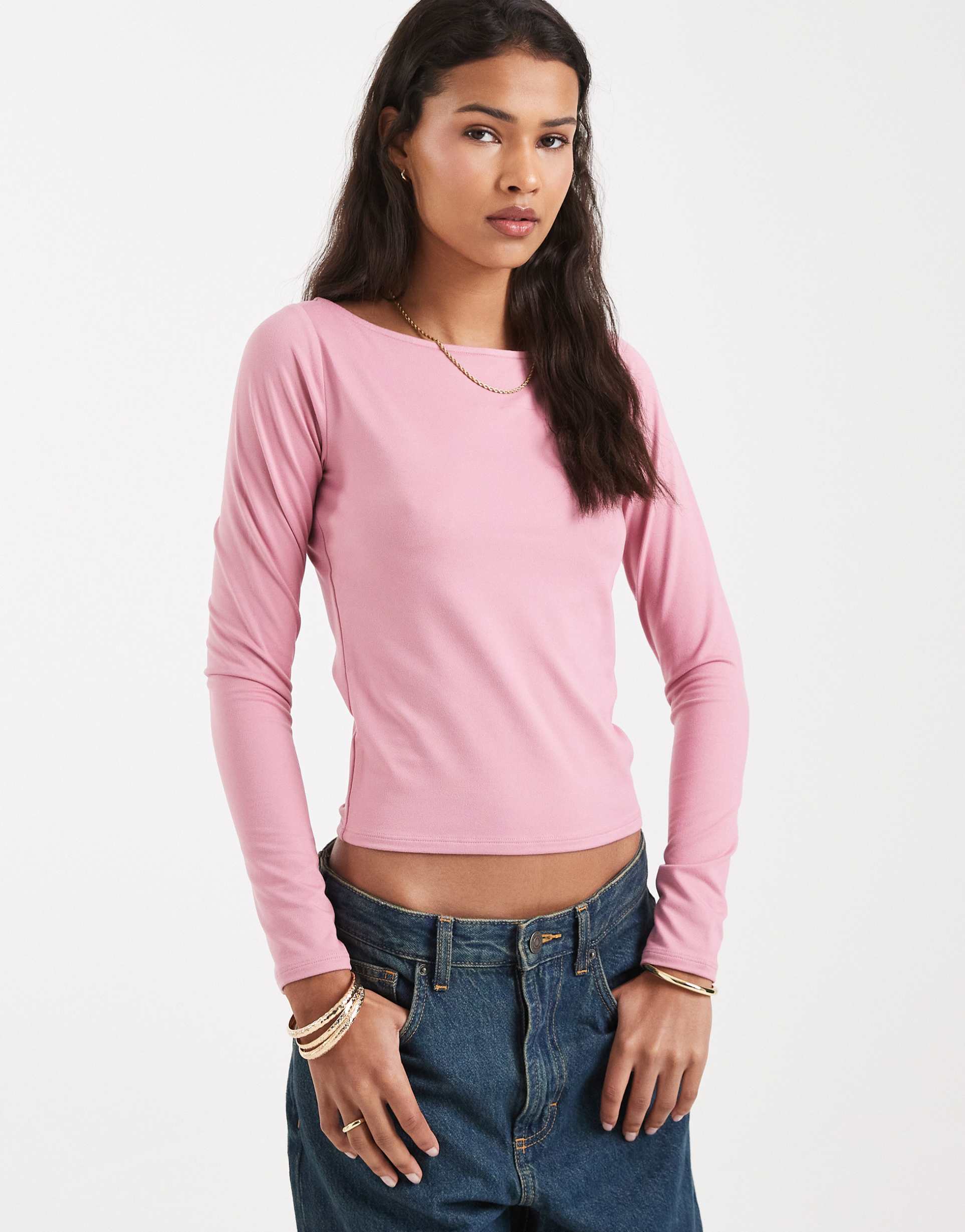 hollister long sleeve slash neck seamless top in pink
