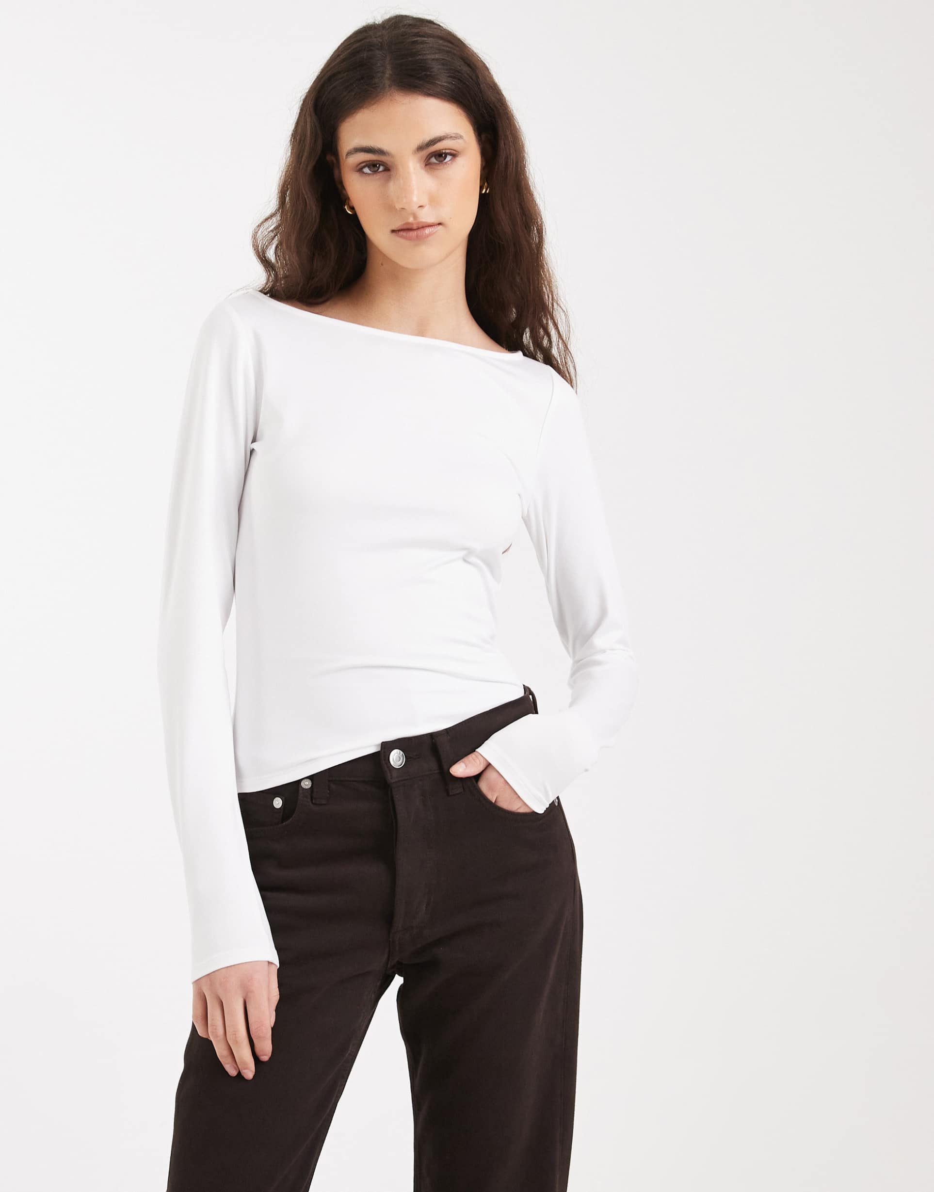 hollister long sleeve slash neck seamless top in white