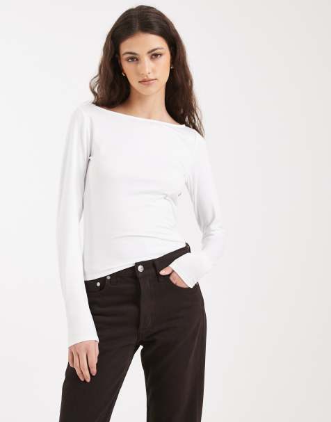 Hollister long sleeve slash neck seamless top in white