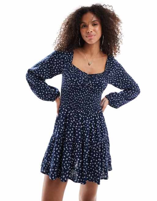 Hollister long sleeve smocked waist skort dress in ditsy print | ASOS