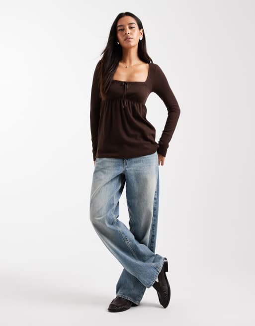 Hollister long sleeve square neck babydoll top in brown