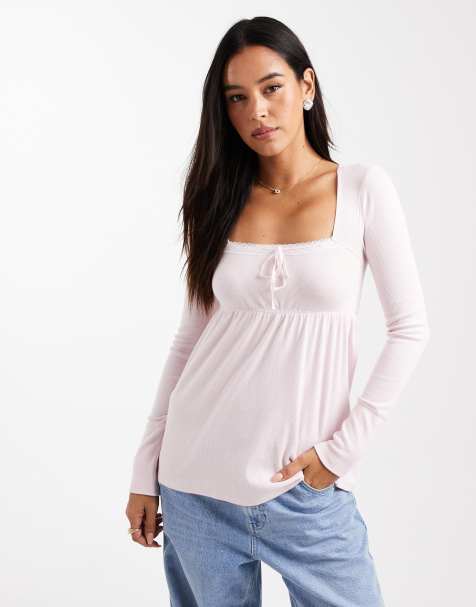 Hollister long sleeve square neck babydoll top in pink - view 1
