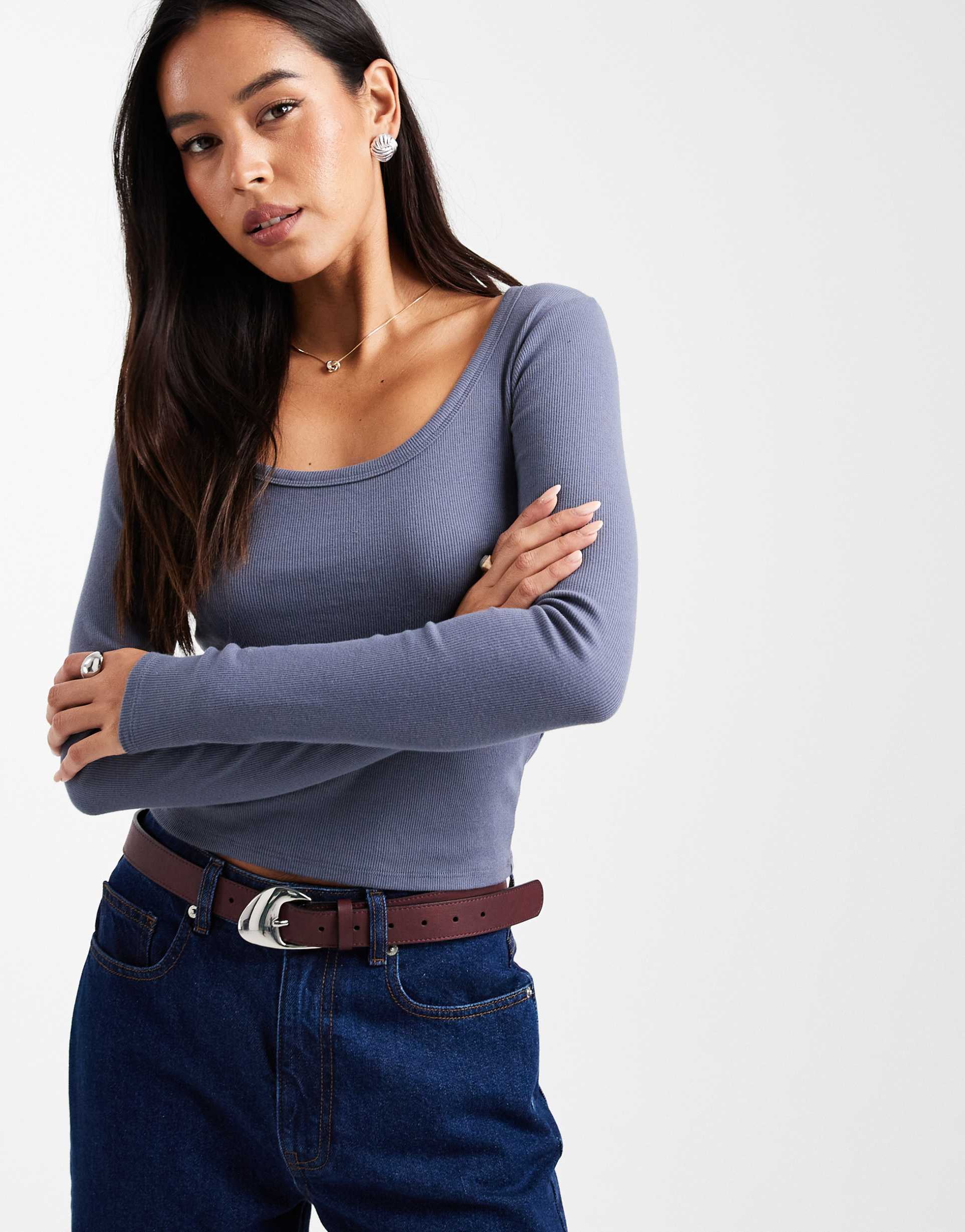 hollister long sleeve square neck top in mid blue