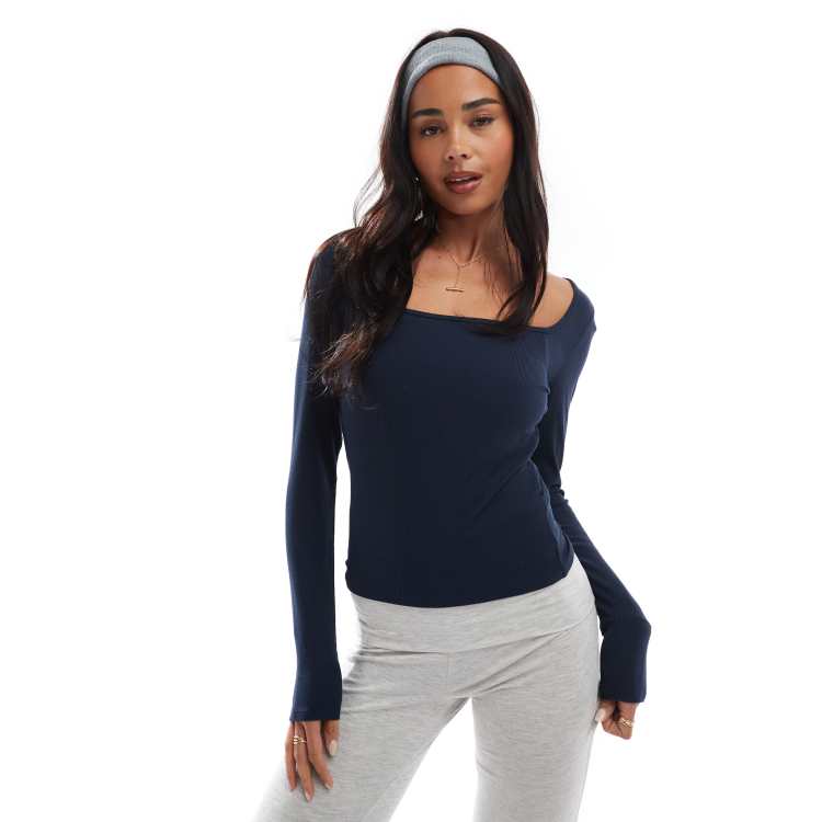 Hollister long sleeve square neck top in navy | ASOS
