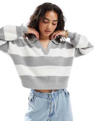 Hollister long sleeve striped polo jumper in white and grey