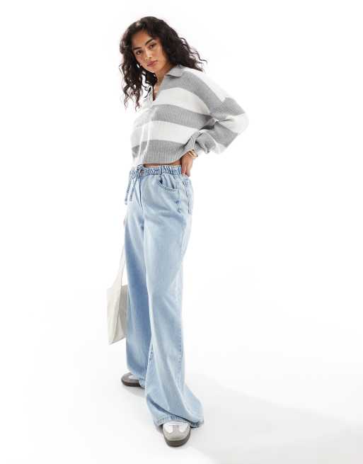 Hollister long sleeve striped polo jumper in white and grey, 4 of 4