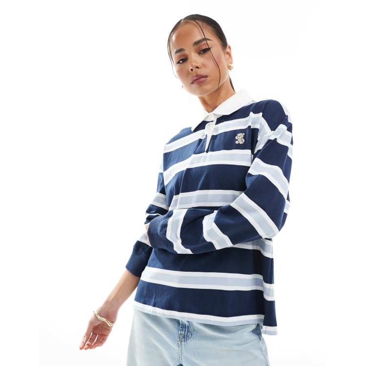 Hollister long sleeve striped polo top with bear detail in navy | ASOS
