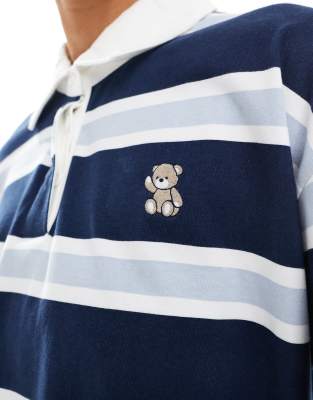 Hollister Long Sleeve Striped Polo Top With Bear Detail In Navy