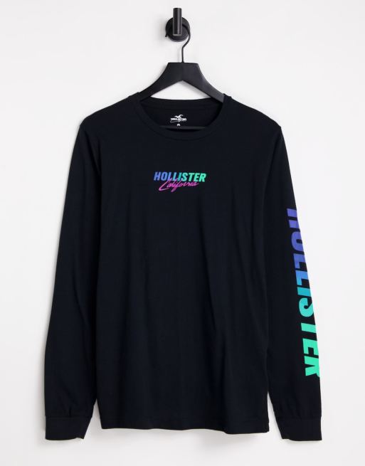 Hollister long sleeve t shirt in black with backprint ASOS