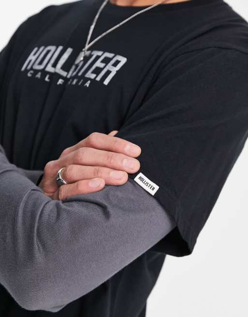 Hollister long sleeve t shirt in black with grey undersleeve and chest logo