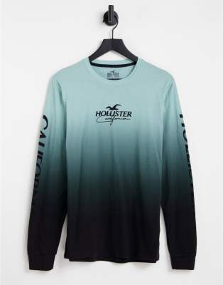 Hollister long sleeve t-shirt in green ombre with chest and sleeve logo