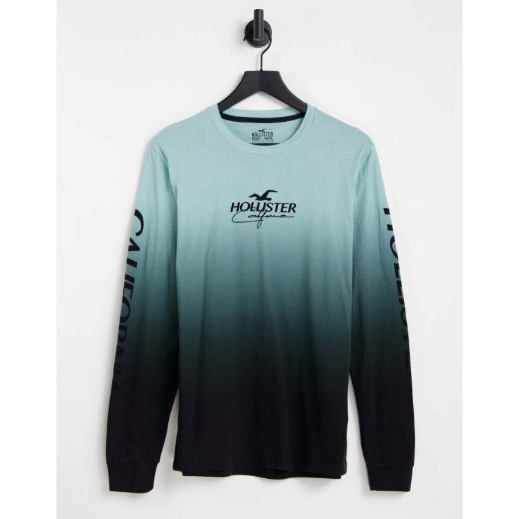 Hollister long sleeve t shirt in green ombre with chest and sleeve logo