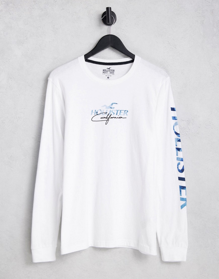 Hollister long sleeve t-shirt with chest and sleeve logo in white