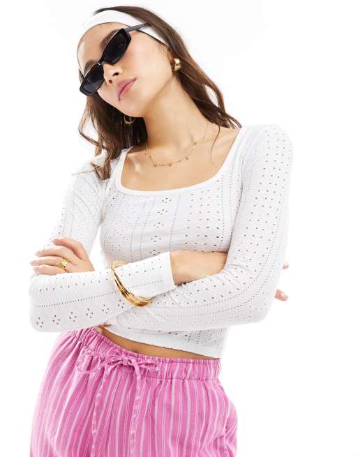 Hollister long sleeve textured eyelet scoop top in white with built in  support