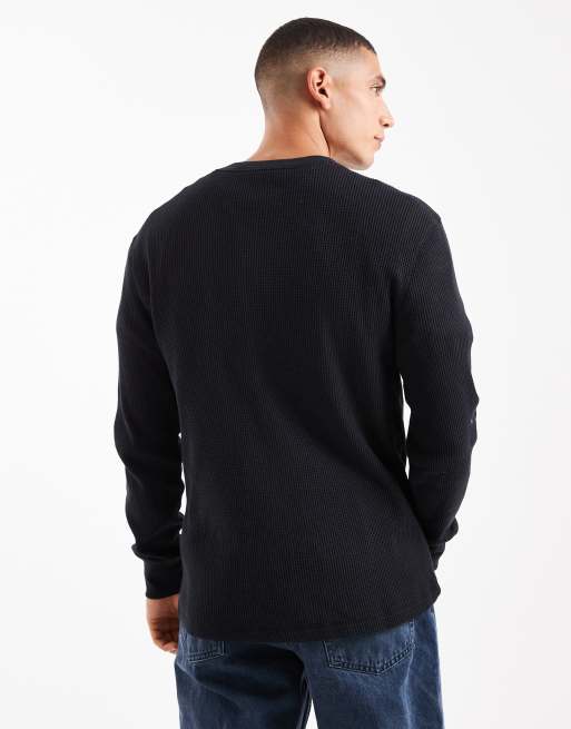 Hollister long sleeve thermal henley top in black, 3 of 5