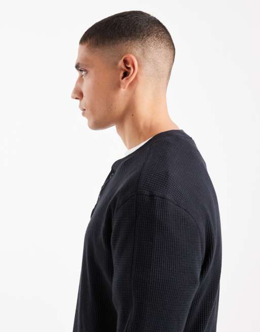 Hollister long sleeve thermal henley top in black, 4 of 5