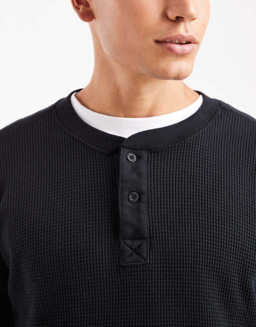 Hollister long sleeve thermal henley top in black, 5 of 5