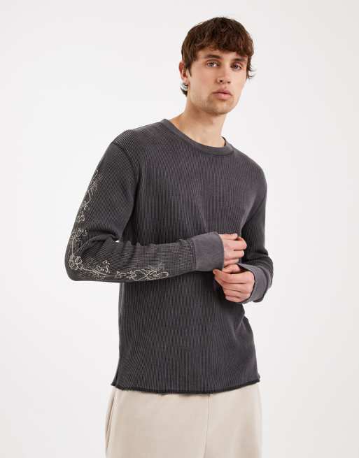 Hollister long sleeve thermal top with sleeve graphic in charcoal