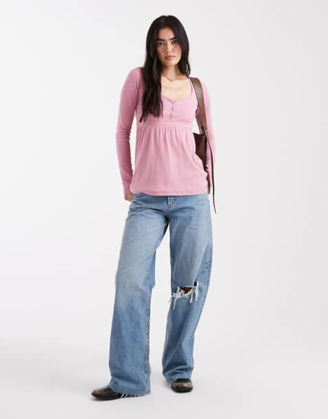 Hollister long sleeve tie back babydoll top in pink - view 1