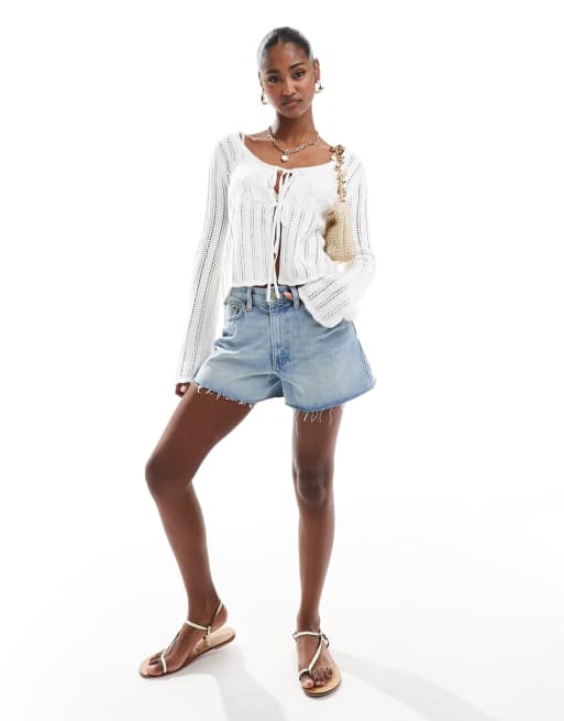 Hollister long sleeve tie front crochet top in beige | ASOS