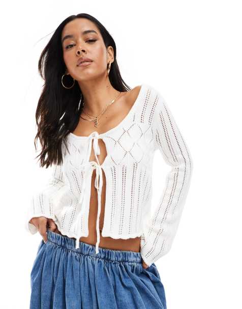Hollister long sleeve tie front crochet top in cream - view 1