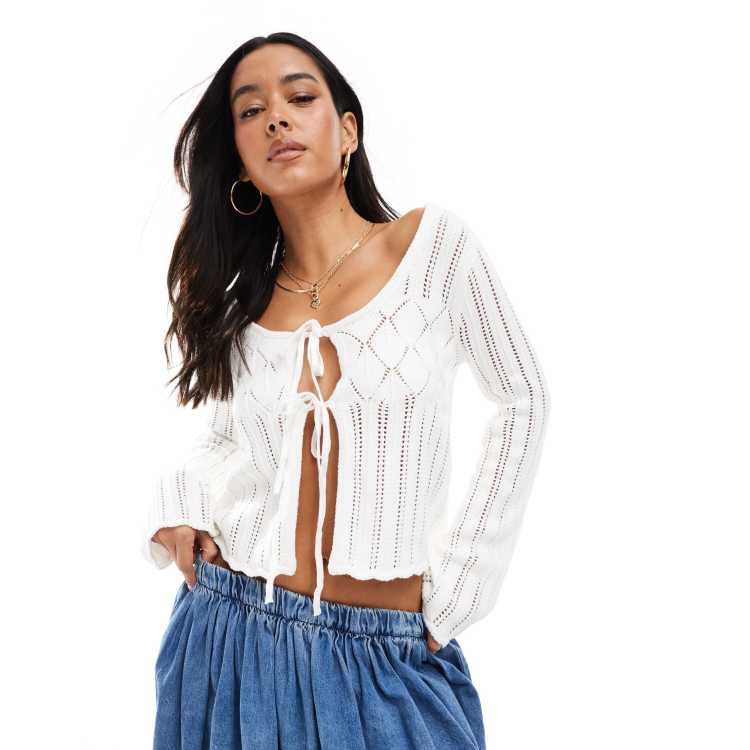 Hollister long sleeve tie front crochet top in cream ASOS