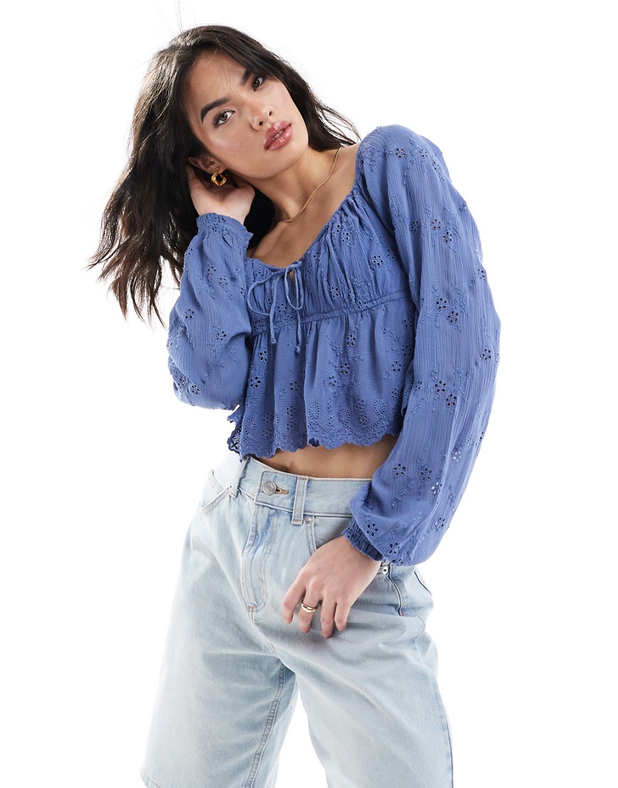 Hollister long sleeve tie front top in blue