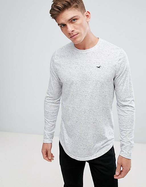 Hollister Long Sleeve Top Crew Neck Icon Logo Slim Fit in Gray Marl