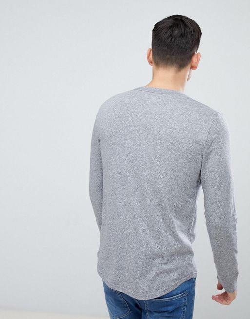 Hollister Long Sleeve Top Crew Neck Icon Logo Slim Fit in Gray Marl