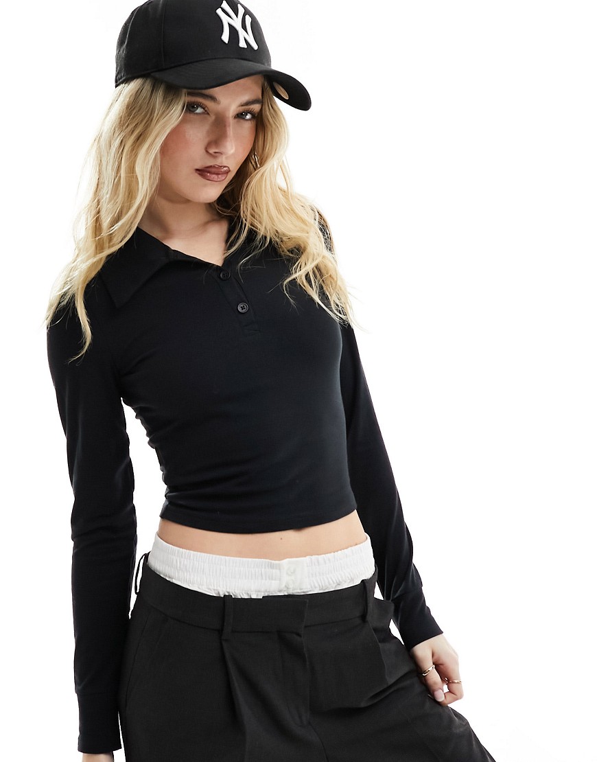 Hollister long sleeve top with polo collar in black