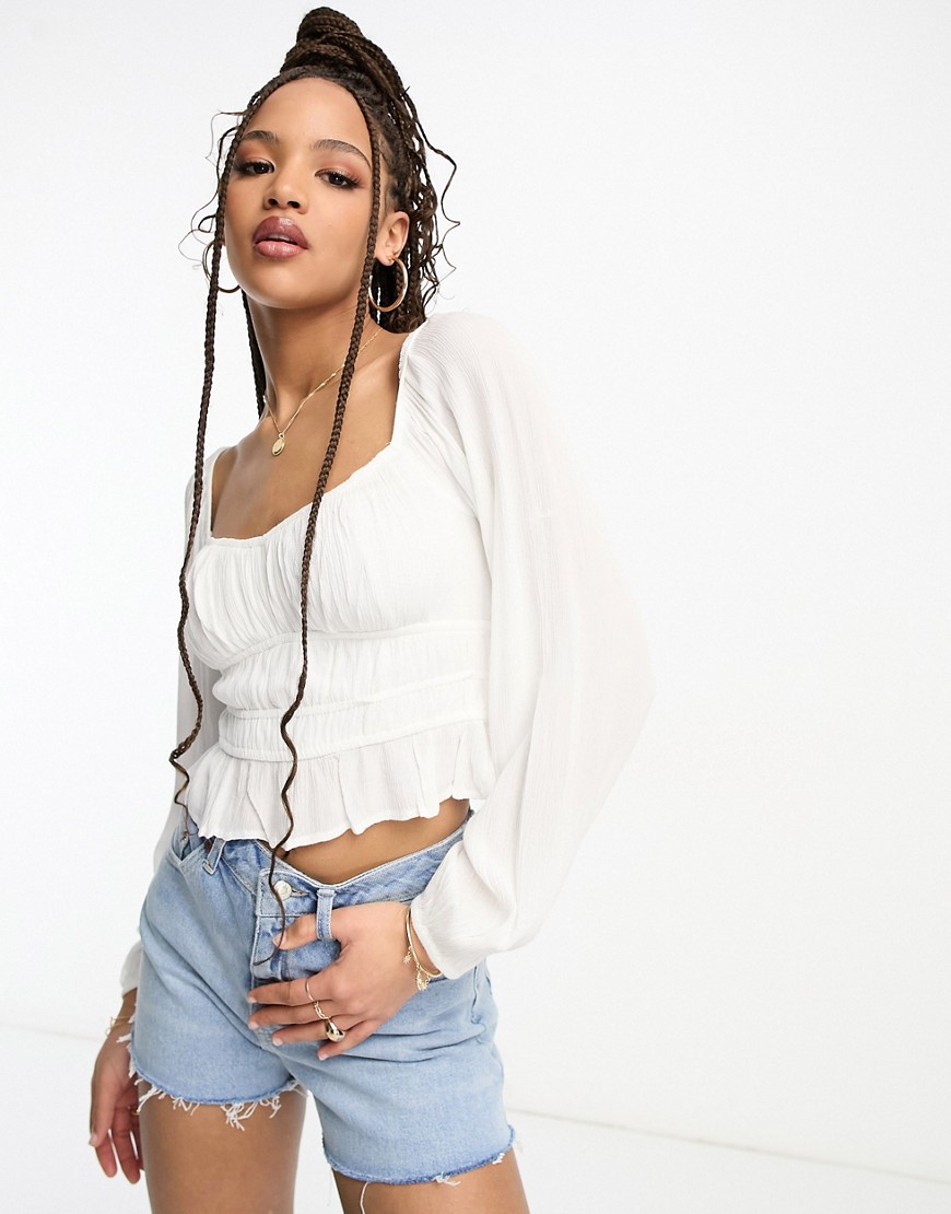 Hollister long sleeve top with ruched waist in white