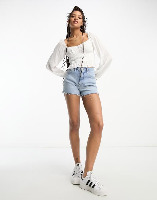 Hollister long sleeve top with ruched waist in white