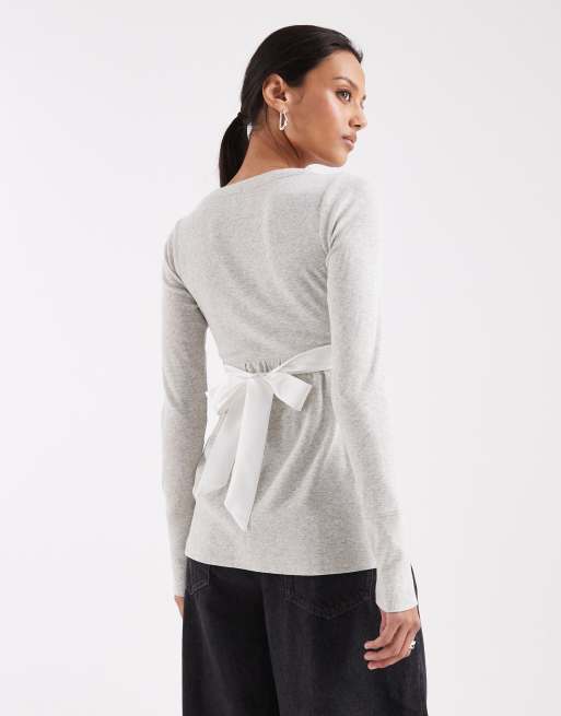 Hollister long sleeve v neck babydoll top in gray, 3 of 4