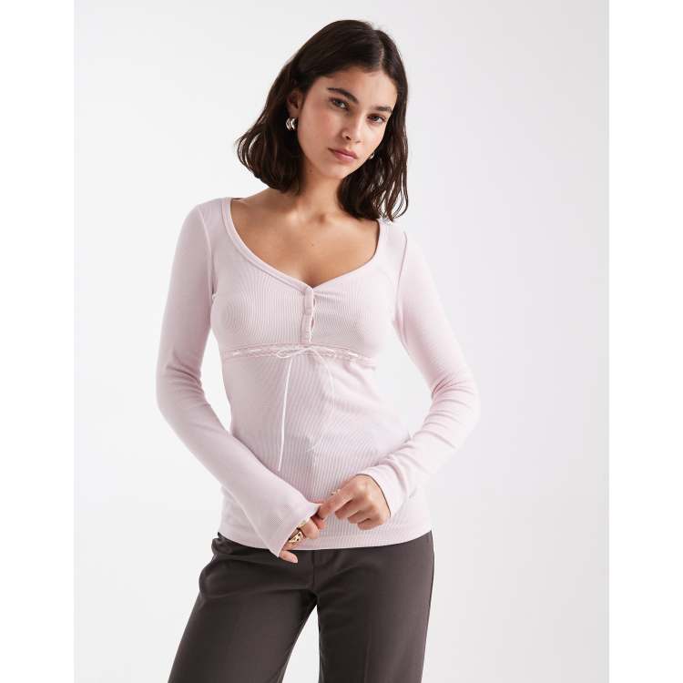Hollister long sleeve v neck button detail top in pink ASOS