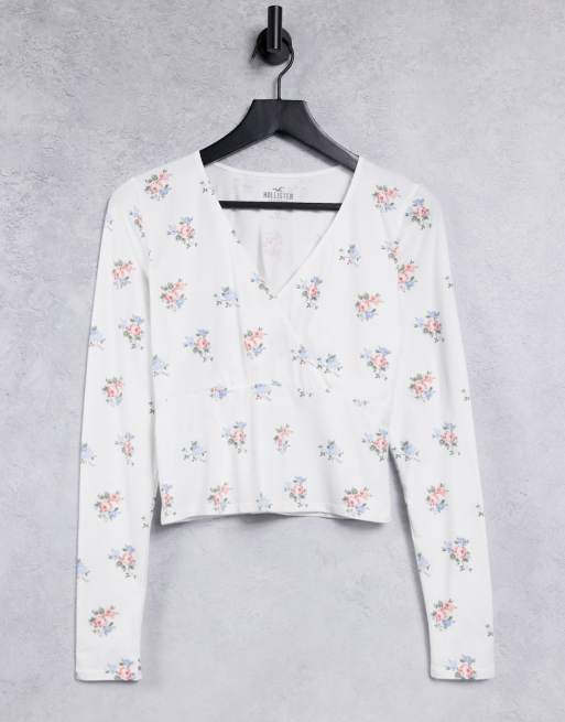 Hollister long sleeve v neck top in white floral