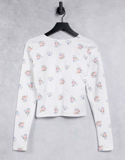 Hollister long sleeve v neck top in white floral