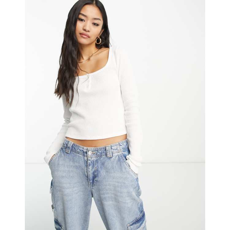 Hollister long sleeve waffle button up crop top in white