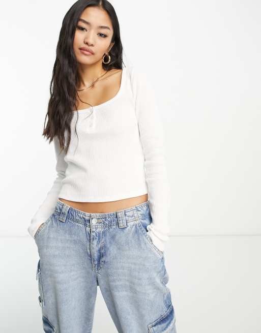 Hollister long sleeve waffle button up crop top in white