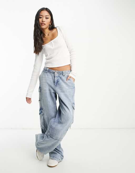 Hollister long sleeve waffle button up crop top in white ASOS