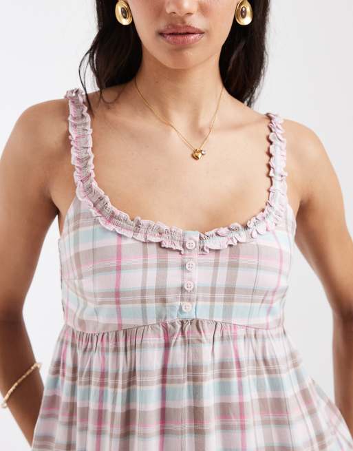 Hollister longline babydoll cami tunic in pink check, 3 of 4