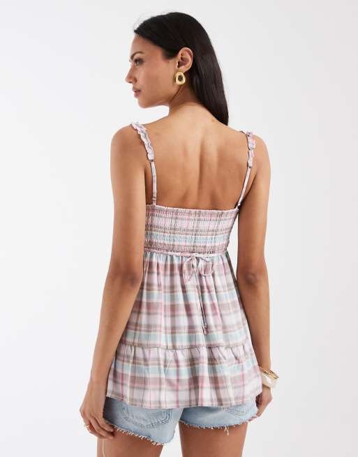 Hollister longline babydoll cami tunic in pink check, 4 of 4