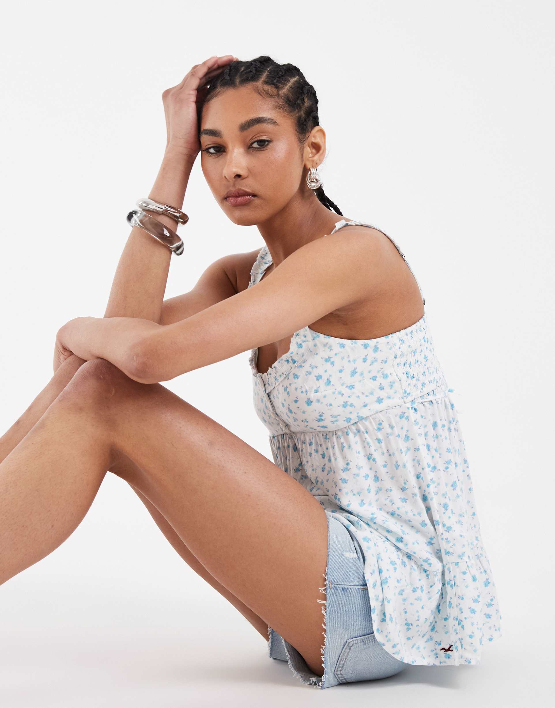 hollister longline babydoll cami tunic in white floral print