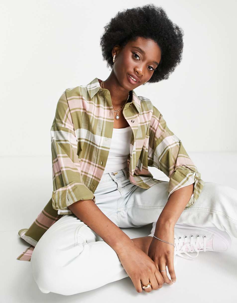 Hollister longline shacket in pink check
