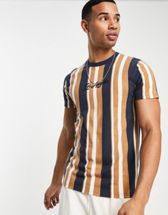 Hollister central logo verigated stripes t-shirt in white/tan/pink